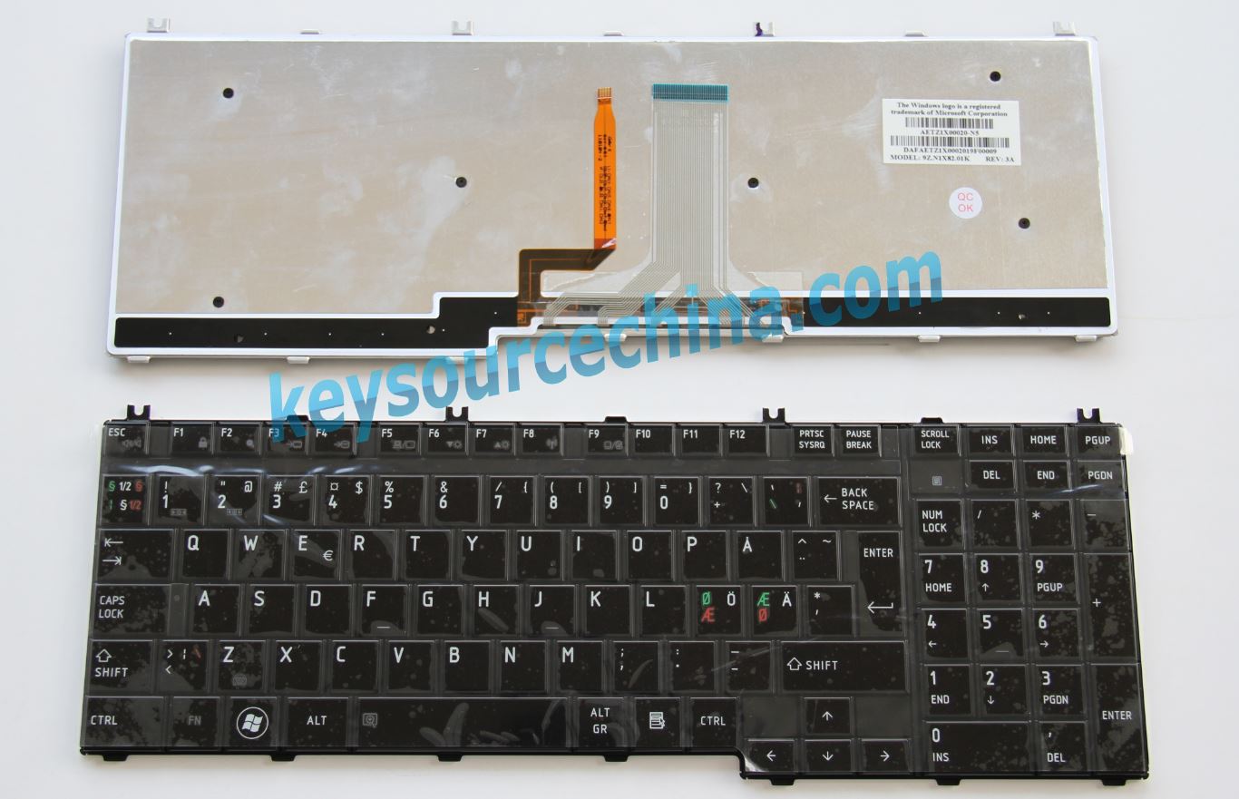 9Z.N1X82.01K Original Toshiba Satellite A500 P500, Qosmio X500 X505 Nordic Keyboard Backlit