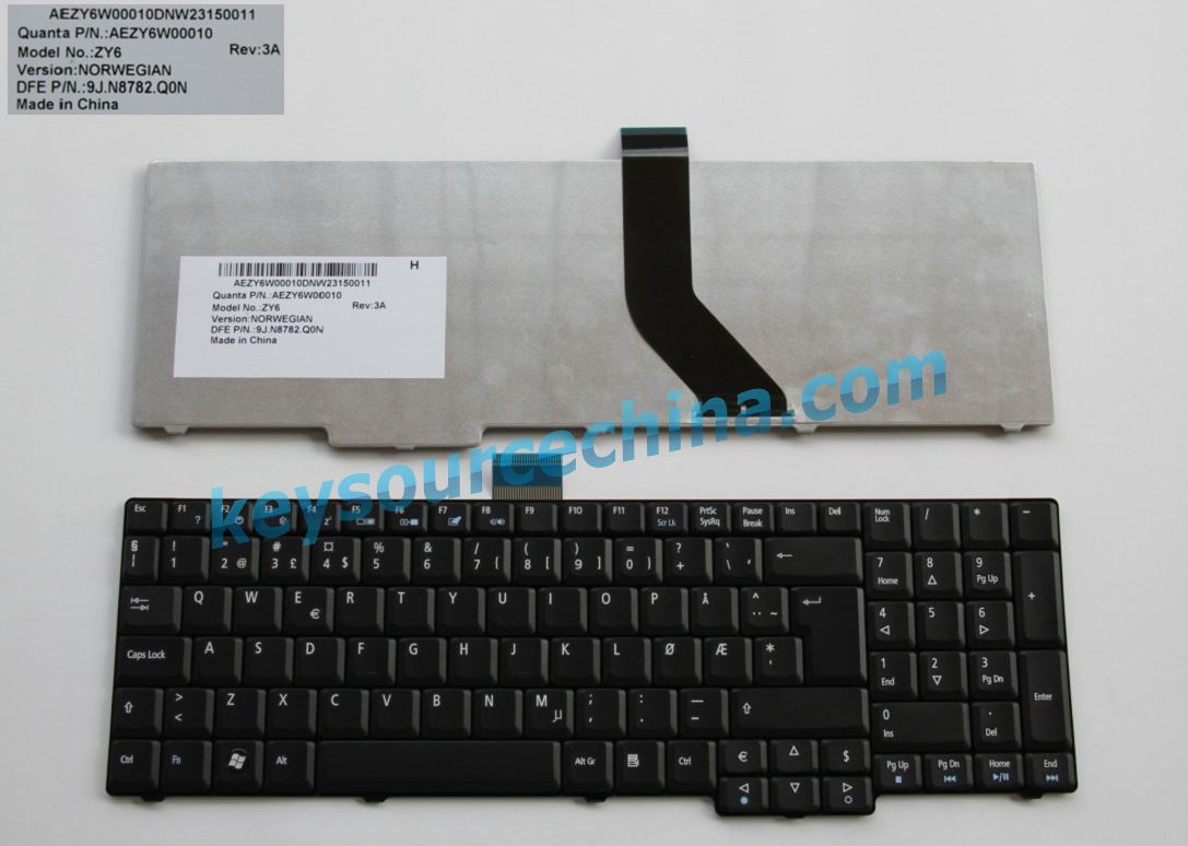 Acer Norsk bærbare PC tastatur AEZY6W00010 9J.N8782.Q0N