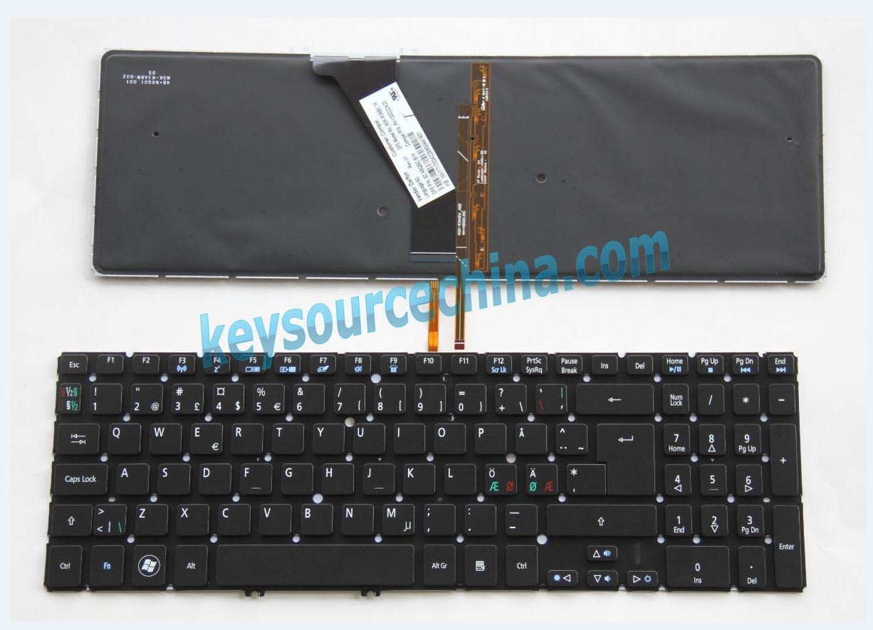 9Z.N8QBC.B1K Originalt Acer Aspire V5-531 V5-551 V5-571 M3-581 M5-581 Nordic Keyboard Backlit
